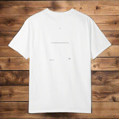 THOUGHTS Book Cover With "You are beautiful and have great love to give" Page 3,  Unisex T-shirt, multiple colors